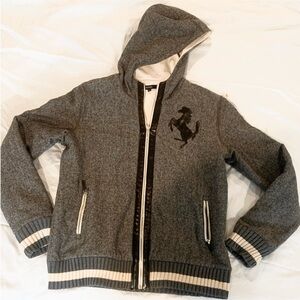 Ferrari Gray Tweed Zip-Up Men's XL Hooded Jacket with Horse